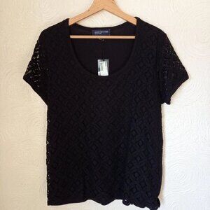 Jones New York Signature Women's Black Lace Front Blouse Top XL Short Sleeve